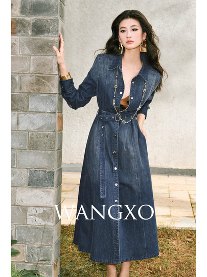 Wangxo｜High-Quality Xinjiang Long-Staple Cotton｜Distressed and Washed｜Belted Denim Flared Shirt Dress