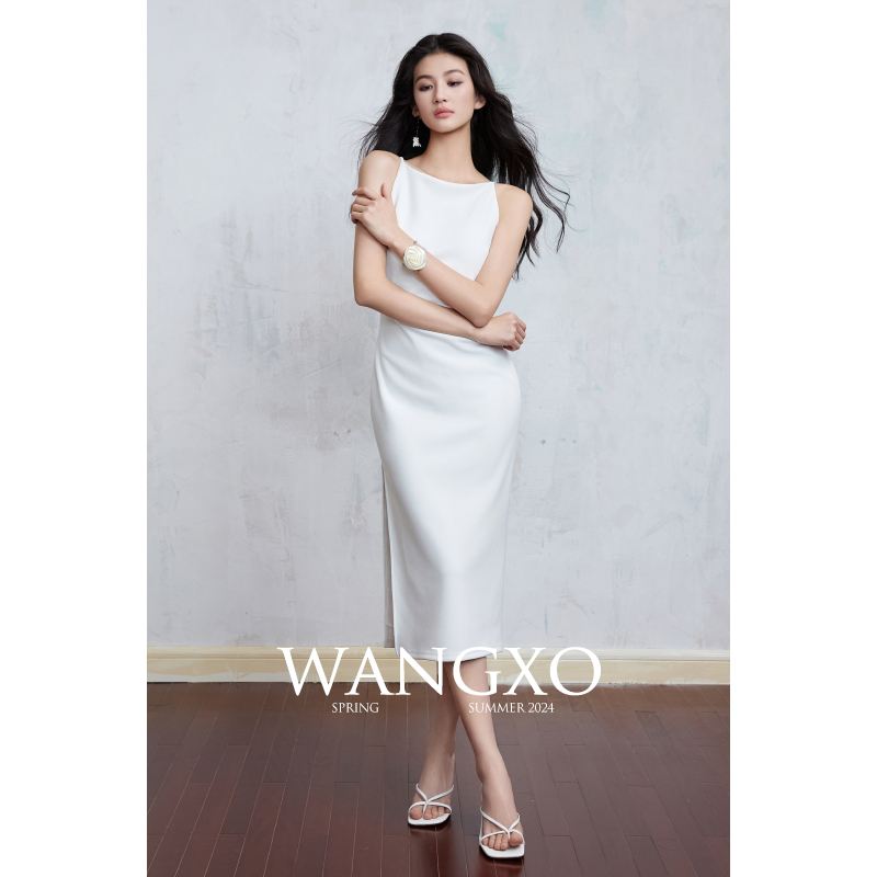 WANGXO｜TRメッシーニット｜スキニードレープハンドメイドプリーツ｜ワンショルダーサイドスリットベストワンピース