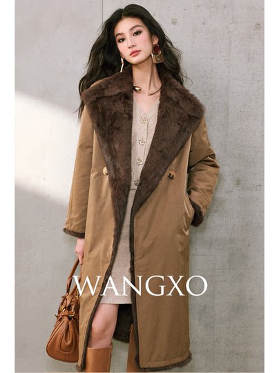 Wangxo｜Heavyweight Full-Length Rabbit Fur & Crisp Cotton Material｜Reversible Large Lapel Long Fur Coat