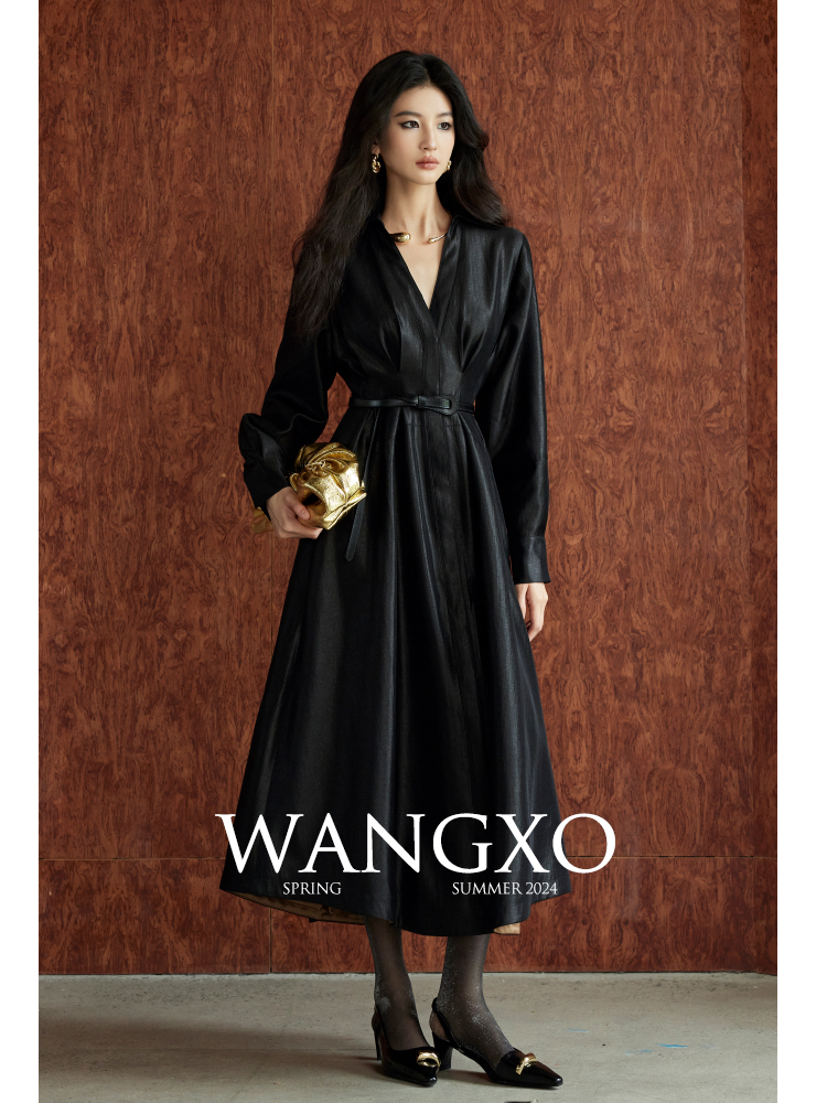 WANGXO织锦缎立裁短款腰带大裙摆