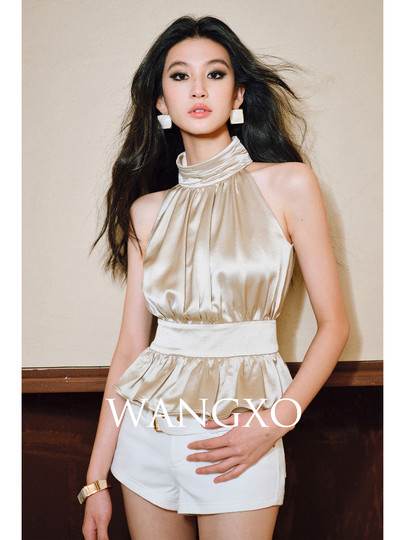 Wangxo｜Luxurious Acetate Satin with a Silky Feel That Penetrates the Skin｜Stand Collar, Cut-Out Shoulders, Romantic Aesthetic, Ruched Waist, Flared Hem Top