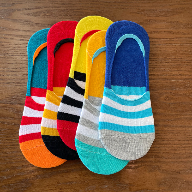Men's Summer Thin Candy-Colored Striped Invisible Socks, Pure Cotton Loafer Socks, Trendy Non-Slip Low-Cut Shallow Socks