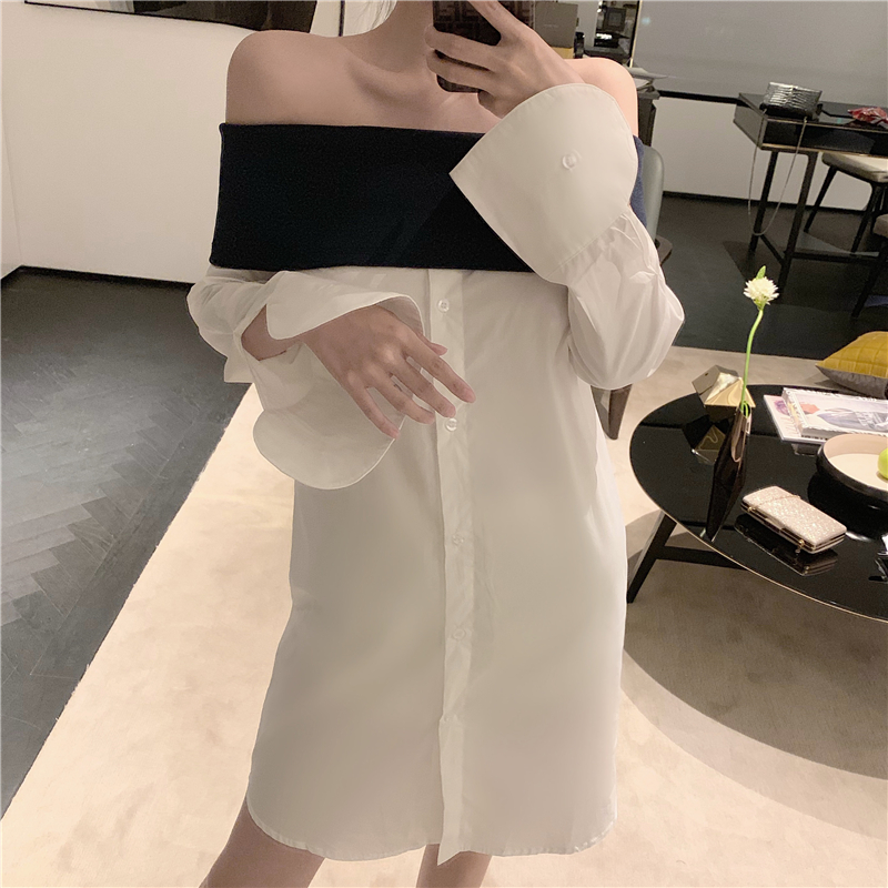VK旗艦店 韓國風拼接一字領設計感長袖上衣