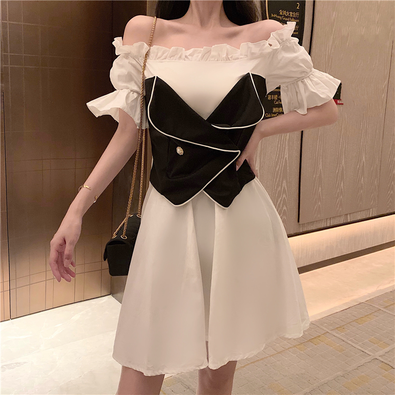 VK旗艦店 法式小香風一字領撞色拼接假兩件短袖洋裝