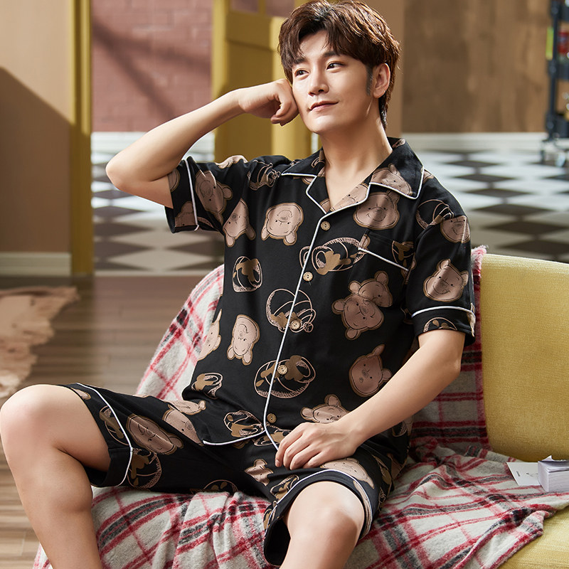 Pajamas men's summer cotton short-sleeved shorts suit lapel suit men's home clothes thin spring and autumn days can be worn outside