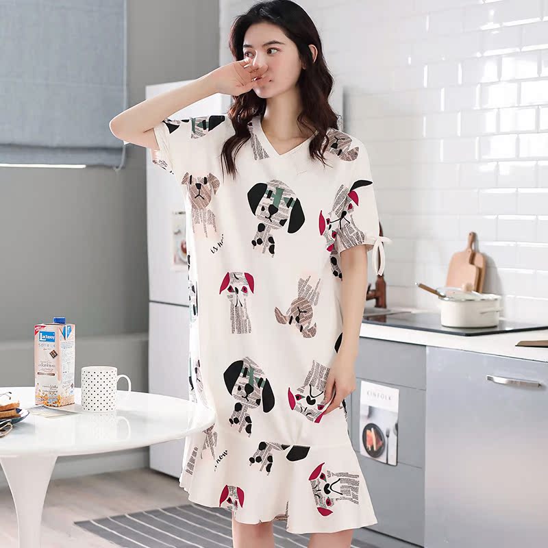 Dài vừa ngủ váy cô gái mùa hè womens đồ ngủ cotton ngắn tay womens mùa hè mỏng trên đầu gối sâu quần áo nhà hoạt hình dễ thương.