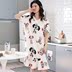 Dài vừa ngủ váy cô gái mùa hè womens đồ ngủ cotton ngắn tay womens mùa hè mỏng trên đầu gối sâu quần áo nhà hoạt hình dễ thương. 