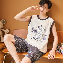 Mens pajamas summer cotton vest sleeveless teen cartoon home clothes Thin summer short-sleeved mens suit