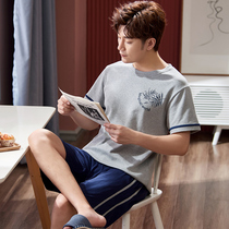 Dad pajamas mens summer thin short-sleeved cotton two-piece suit summer mens youth and middle-aged cotton home clothes