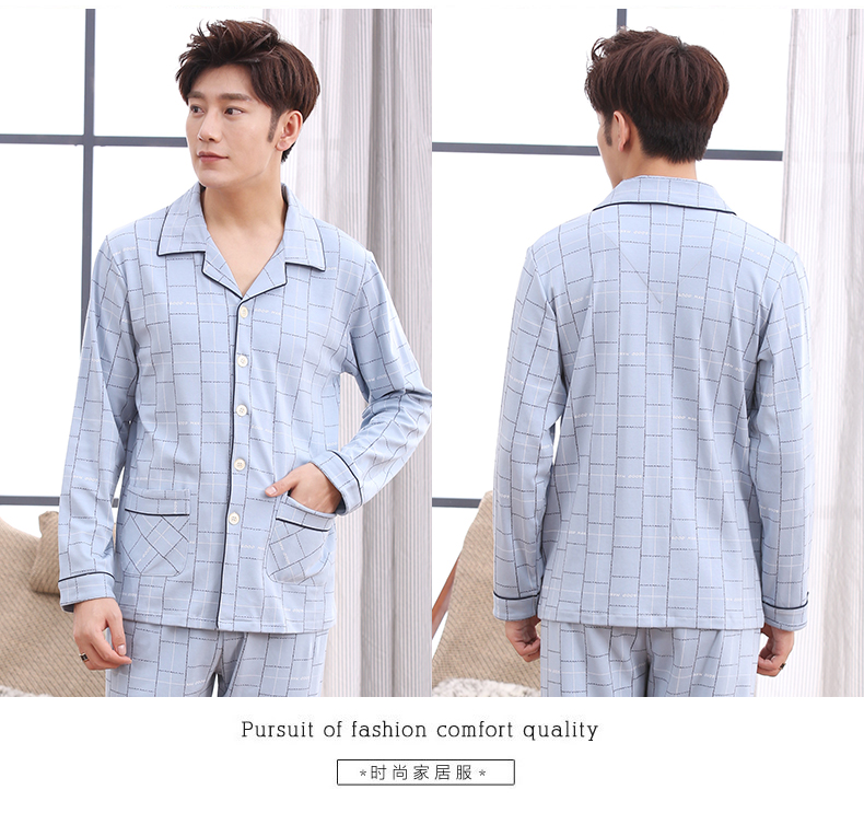 Đồ ngủ nam dài tay cotton mùa hè xanh trung niên mùa xuân và mùa thu nam đồ ngủ cotton-phong cách phần mỏng nhà thường dịch vụ phù hợp với