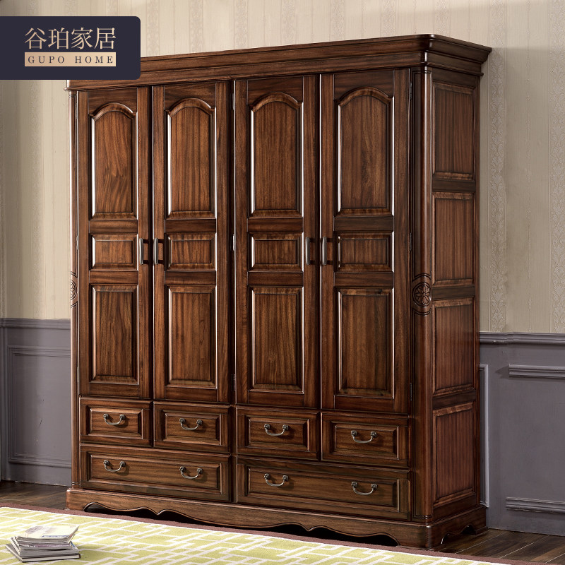 Valmer All - solid wood black walnut four - door cotton cabinet assembled American country bedroom furniture