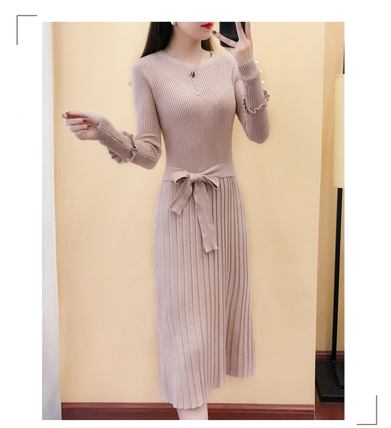 Mùa thu và mùa đông của phụ nữ áo len dài đầm dài tay cổ tròn áo len đáy váy trên đầu gối Hàn Quốc phiên bản của eo xếp li váy chân váy jean