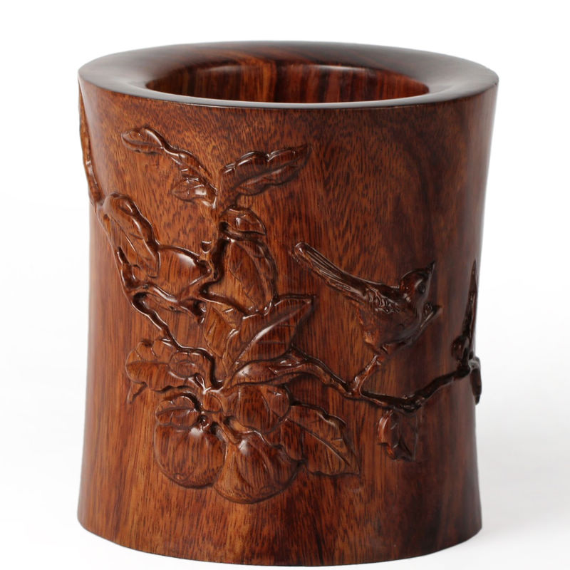 Solid wood carving Unique bird pen holder Four Treasures Mahogany arts and crafts ornament Wooden calligraphy brush holder