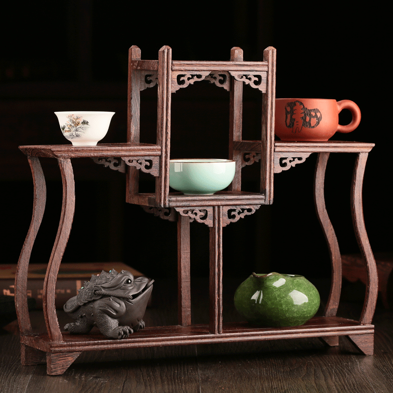 Xiaobo ancient frame solid wood teapot shelf wood carving decoration purple sand pot base chicken wing wood classical Chinese style text play frame