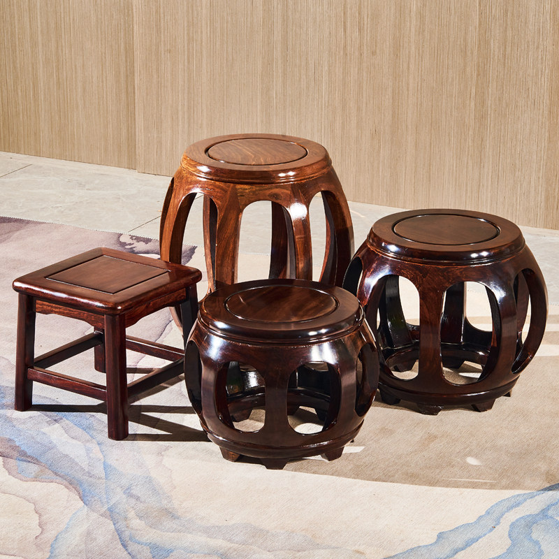 Ebony acid branch wood purple sandalwood drum stool guzheng stool changing shoe stool low stool tenon and mortise round stool small square stool mahogany solid wood