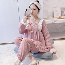Womens pajamas long-sleeved pure cotton spring and autumn cute small bow lace lace sweet Japanese cotton and linen home service suit