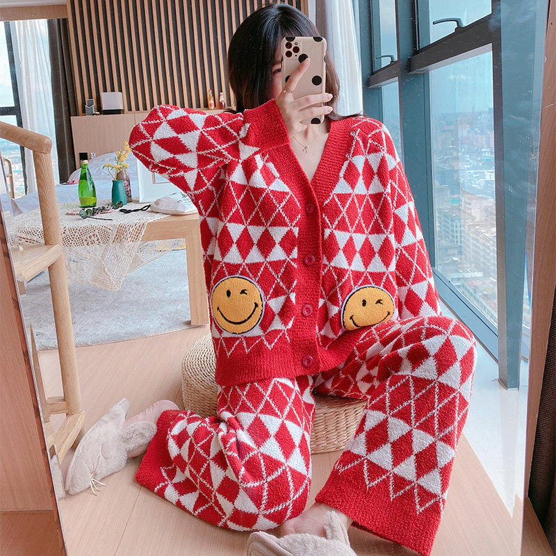 Soft Stretches Pyjamas Women's Autumn Winter Han Edition Students Warm Thickening Cardiovert Wool Knit Extractable Suits outside the home Suits Suit 