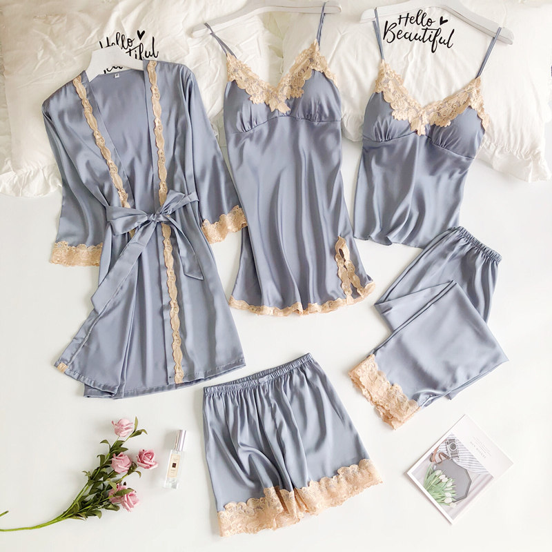 Han edition of silk pajamas woman summer sweet dressing gown five-piece hanging sleeping skirt with breast cushion home suit