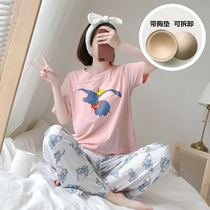 INS Wind small flying elephant cartoon short sleeve cotton pajamas with chest pad female summer mesh pajama pants trousers Japanese home wear