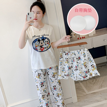 Korean version of cotton short-sleeved shorts with chest pad pajamas set womens summer cute cartoon Mickey trousers fashion home wear
