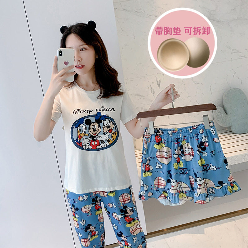 Cartoon Mickey pajamas women's summer short-sleeved cotton with chest pad cute INS student home service shorts three-piece set