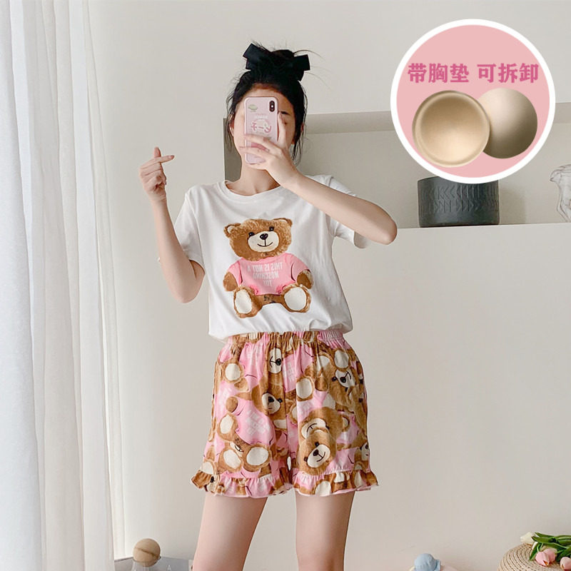 Short-sleeved pajamas with chest pad women's summer pure cotton Korean version of cute cartoon bear students can wear home clothes set