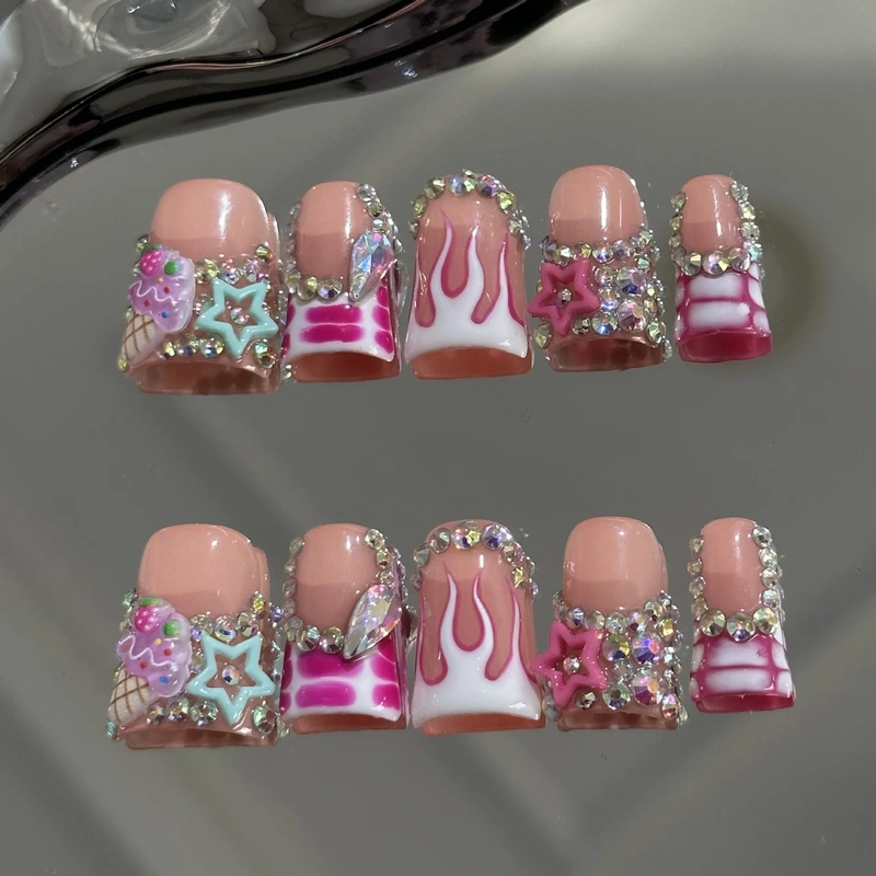 Trendy Sweet and Cool Style Duckbill Nails, Ice Cream Flame French Zebra Pattern Handmade Press-On Nails for Foreign Trade in Europe and America