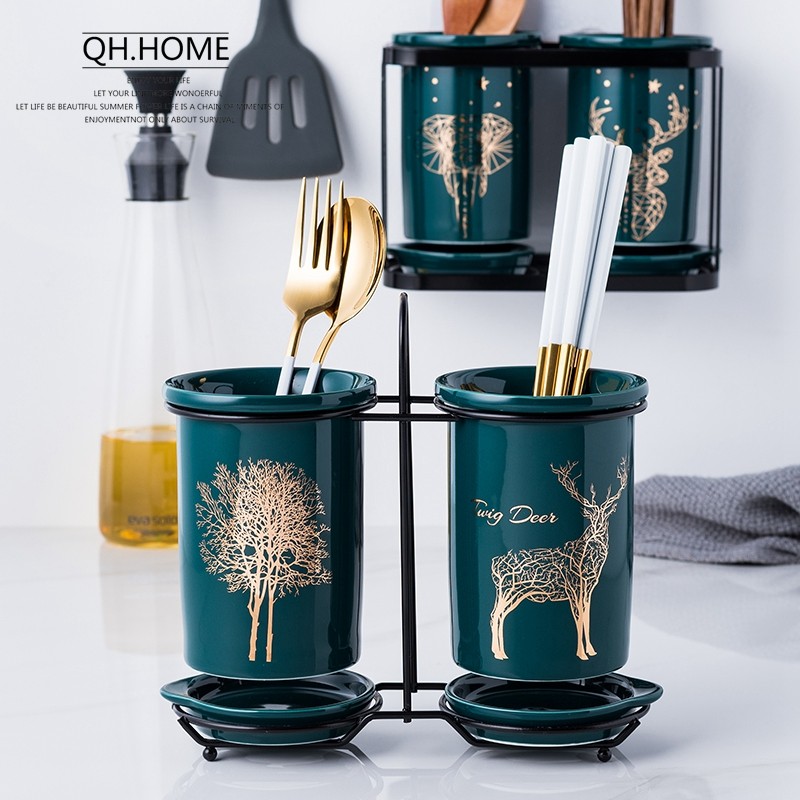 Emerald light luxury ceramic chopsticks barrel chopsticks basket drain chopsticks box household wall hanging chopsticks cage kitchen storage bucket