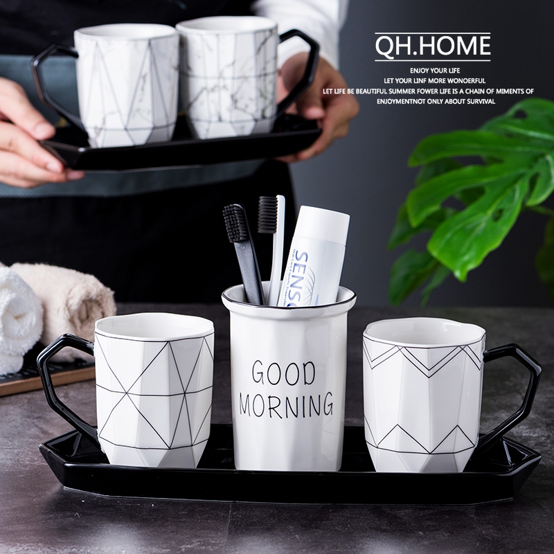 Diamond ceramic bathroom wash set Simple tray type brushing mouthwash cup Tooth cylinder Tooth holder Couple cup pair
