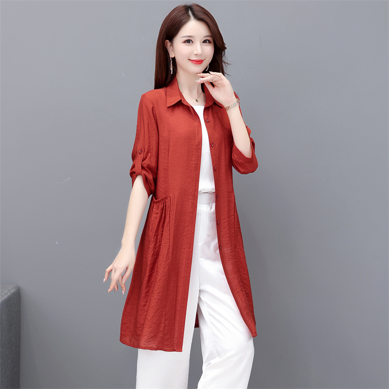 Tencel Wrinkle-Resistant Lightweight Trench Coat for Women, New Summer Mid-Length Stylish Shirt Jacket with Three-Quarter Sleeves Tencel Wrinkle-Resistant Lightweight Trench Coat for Women, New Summer Mid-Length Stylish Shirt Jacket with Three-Quarter Sleeves