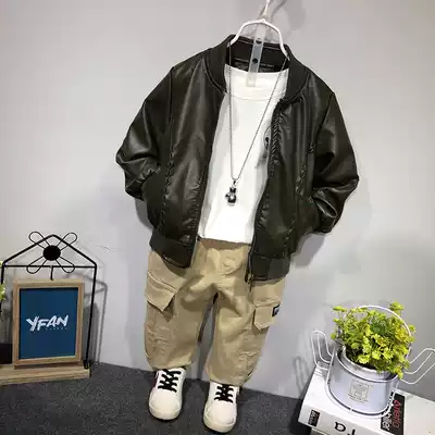 Boys' leather jacket 2021 spring and autumn children's locomotive jacket short coat tide personality coat Korean version of foreign pie
