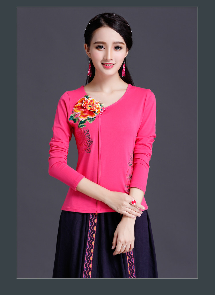 Áo thun nữ phong cách quốc gia cỡ lớn áo nữ thêu mùa thu mới dài tay chạm đáy áo kiểu thêu Trung Quốc áo thun mỏng áo thun nữ tay lỡ