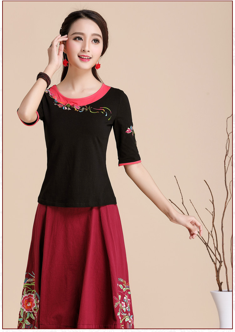 Trang phục khiêu vũ vuông Top mùa hè quốc gia thêu một nửa tay áo ngắn tay Cotton mỏng nhảy hiệu suất nhảy áo thun - Khiêu vũ / Thể dục nhịp điệu / Thể dục dụng cụ giày khiêu vũ nam nhập khẩu
