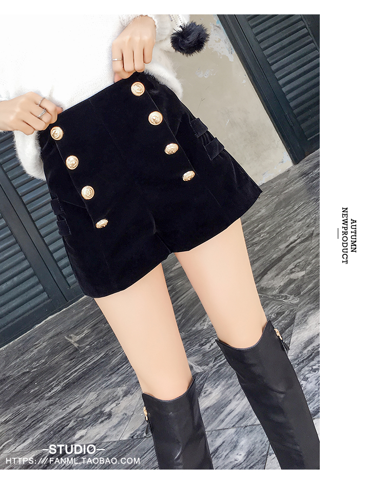 Mùa thu đông 2018 mới quần lửng cạp cao cạp cao nhung đôi mang nhung vàng quần short nữ hàn quốc