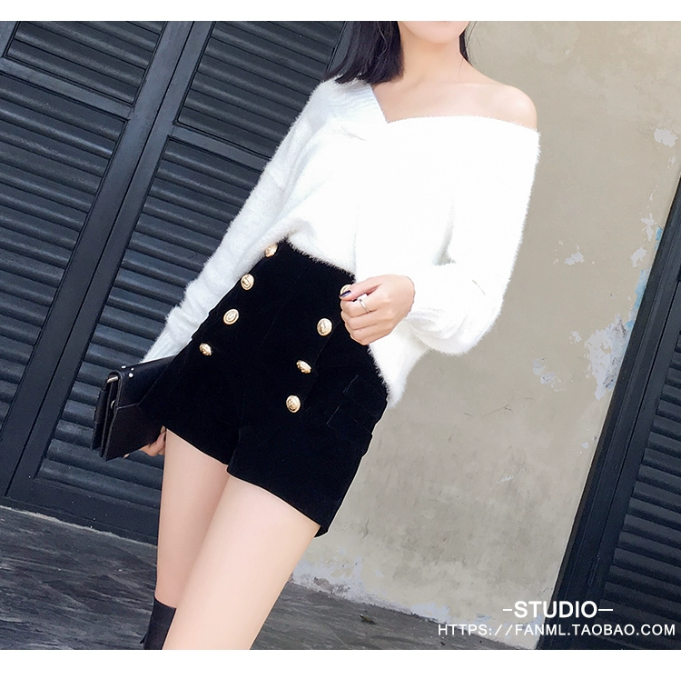 Mùa thu đông 2018 mới quần lửng cạp cao cạp cao nhung đôi mang nhung vàng