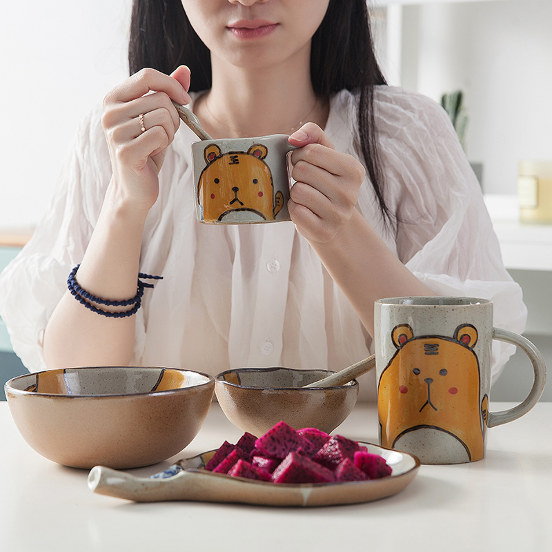 Day Style Hand-painted Creative Mark Cup Cartoon Ceramic Mug Large Capacity Mark Cup Spoon Large Noodle Bowl Cute Tiger