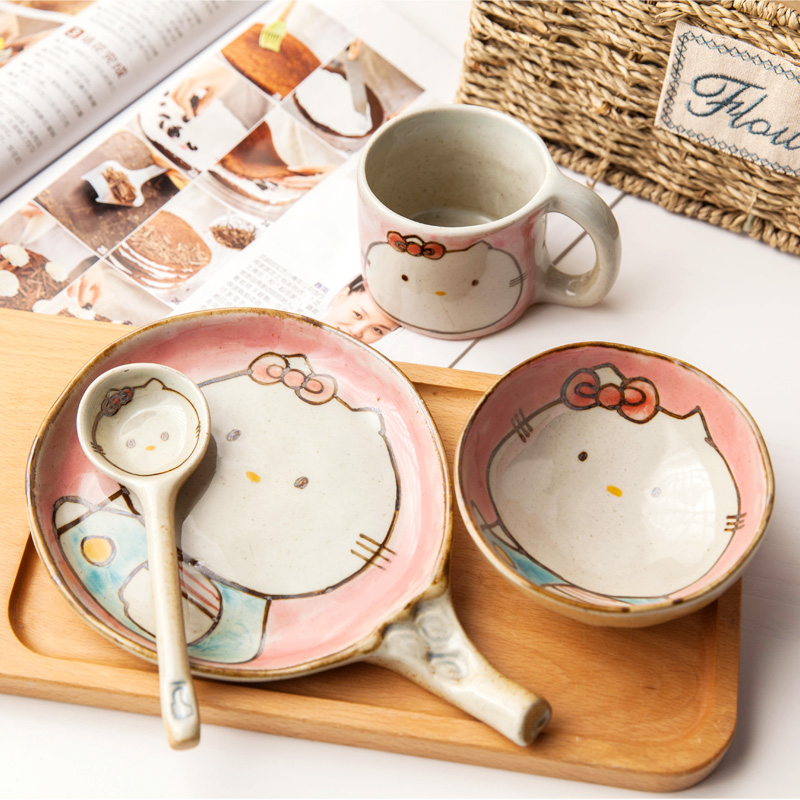 Xie Fang Meng pink cat ceramic tableware set group cute creative bowl children cartoon bowl spoon girl gift