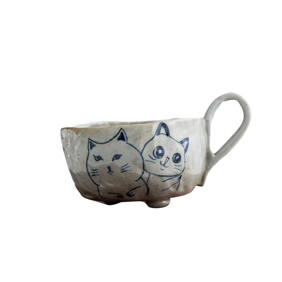 Original Japanese handmade ceramic cup, handmade coffee cup with saucer and spoon, hand-painted retro blue and white cat cup and saucer set