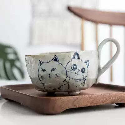 Original Japanese-style pure hand-kneaded ceramic cup Handmade coffee cup with saucer and spoon Hand-painted retro blue and white cat cup and plate set