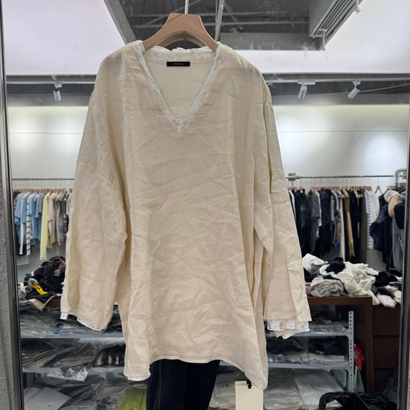 European Station 2026 Spring New Vintage V-Neck Long Sleeve Lace Trim Loose Slimming Ramie Shirt for Women