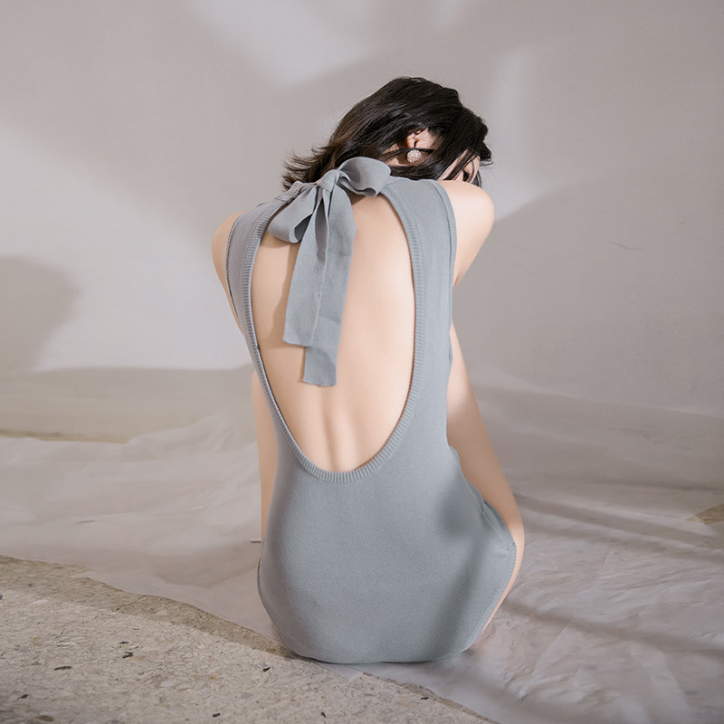 Mu Lang new gray blue knitted swimsuit sexy triangle one-piece backless conservative goddess bathing suit women soak in hot springs