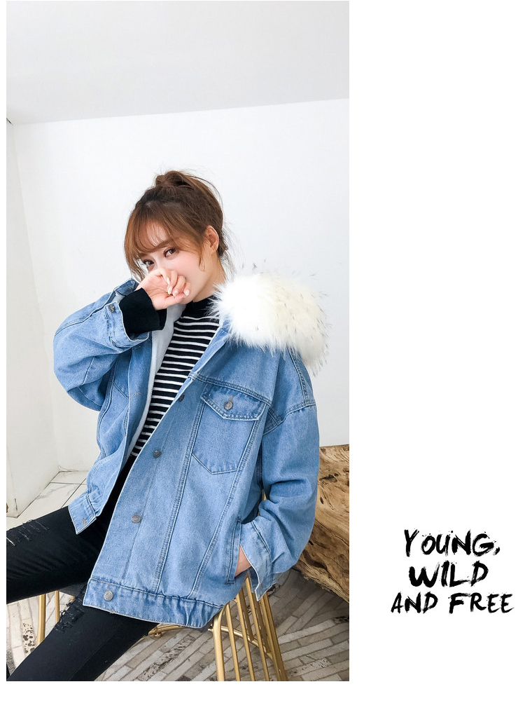 2018 cổ áo lông cừu lớn áo khoác lông cừu phụ nữ áo khoác cotton ngắn trùm đầu cộng với quần áo nhung dày denim lỏng cotton mùa đông áo khoác da nữ