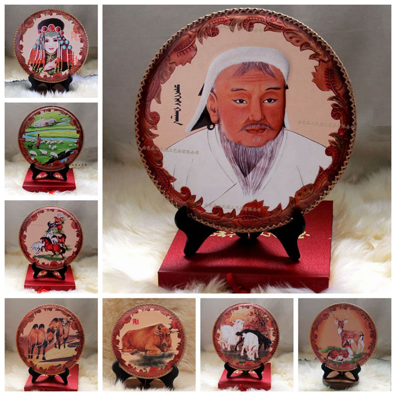 Inner Mongolia crafts Mongolian leather painting grassland love circular table plate Mongolian elements yurt restaurant decorative painting