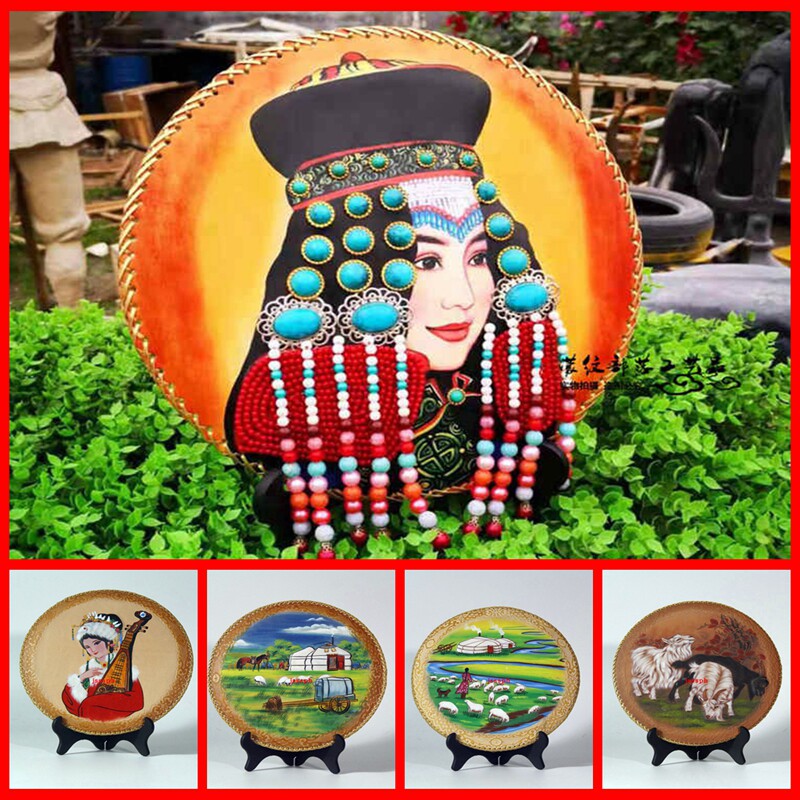 Mongolian Craft Gift Pendulum leather painting Mongolian specialities Decorative Disc Pendulum Table Painting Living-room Pendulum with Hand-painted Real Cow Leather