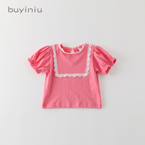 Childrens T-shirt cloth girl 2021 summer clothes New Girl bubble sleeve coat female baby lace stand collar short sleeve shirt