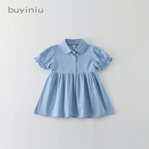 Girls denim skirt cloth girl Summer new little girl foreign style thin dress childrens short sleeve princess skirt