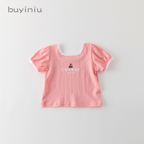 Childrens summer clothes cloth girl childrens clothing girl Summer foreign cherry print shirt baby small square collar short sleeve t-shirt