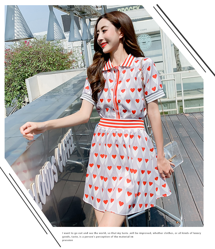 VK旗艦店 韓系愛心印花條紋洋氣時尚顯瘦套裝短袖裙裝