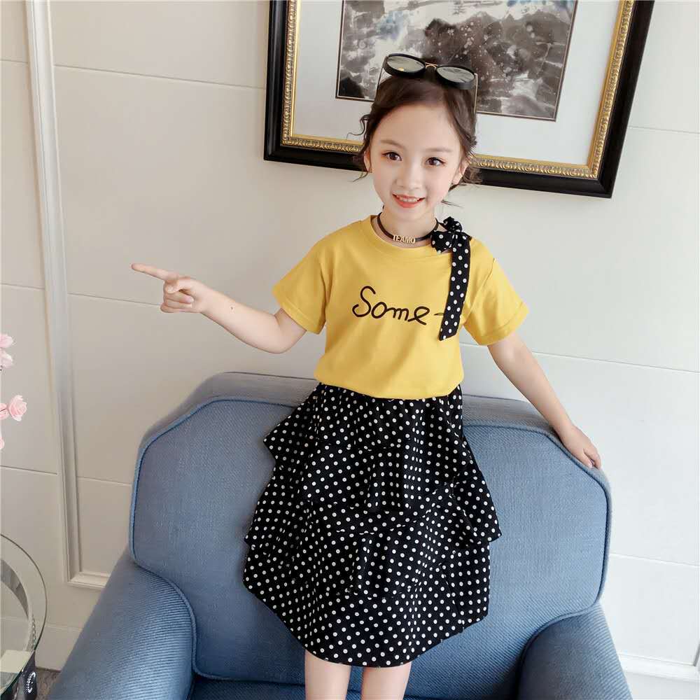 Dayijia brand children's clothing net red polka dot suit Yellow top black polka dot skirt(two pieces)