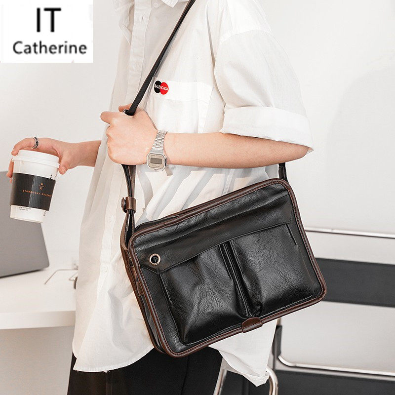 Hong Kong Leather Men's Shoulder Bag 2022 Fashion Contrast Color Versatile Leather Oblique Cross Bag Trend Street Bag Shoulder Bag